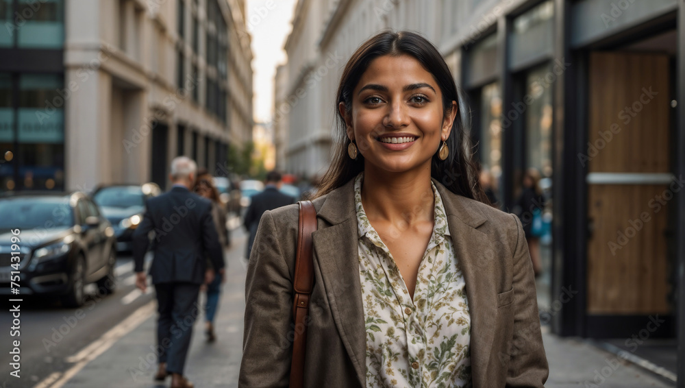 Elegante donna d'affari di origini indiane che lavora nel distretto finanziario di Londra sorridente prima di iniziare la giornata di lavoro