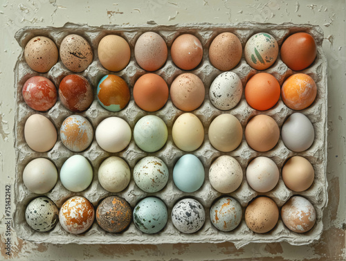 Natural eggs of pastel colors in a paper tray, top view.