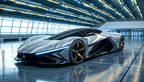 A silver and black futuristic sports car is sitting in a large, modern showroom photo