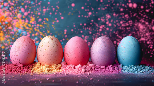 Colorful Easter eggs in multi-colored powder on blue background.