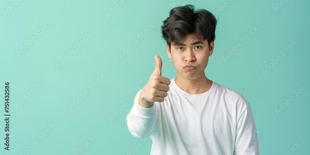 An Asian Young Man in White Shirt Giving Thumbs Up Against Teal Background, copy space An Asian Young Man in White Shirt Giving Thumbs Up Against Teal Background, copy space