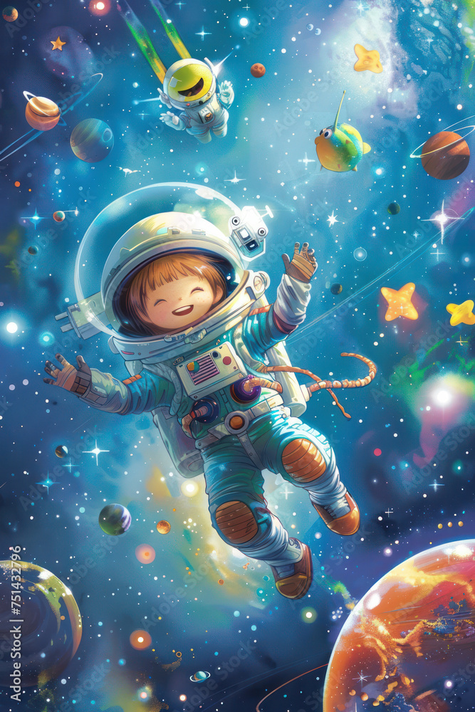 Child Astronaut in Vibrant Space Adventure among Stars and Planets, book cover