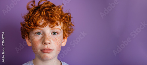 A boy with red hair and blue eyes is looking at the camera. He has a scruffy appearance and he is sad. a close up head shot of a red haired young boy pulling a funny face on a plain purple background © Nataliia_Trushchenko