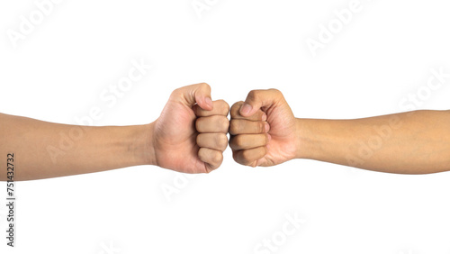 close up of a fist bump against isolated on white background