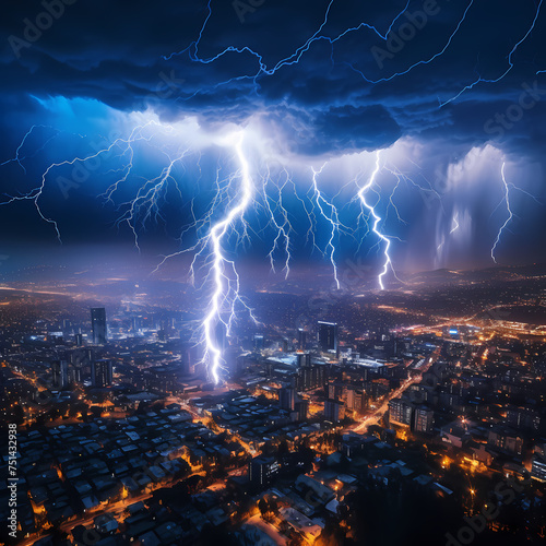 Spectacular view of a lightning storm over a city. 