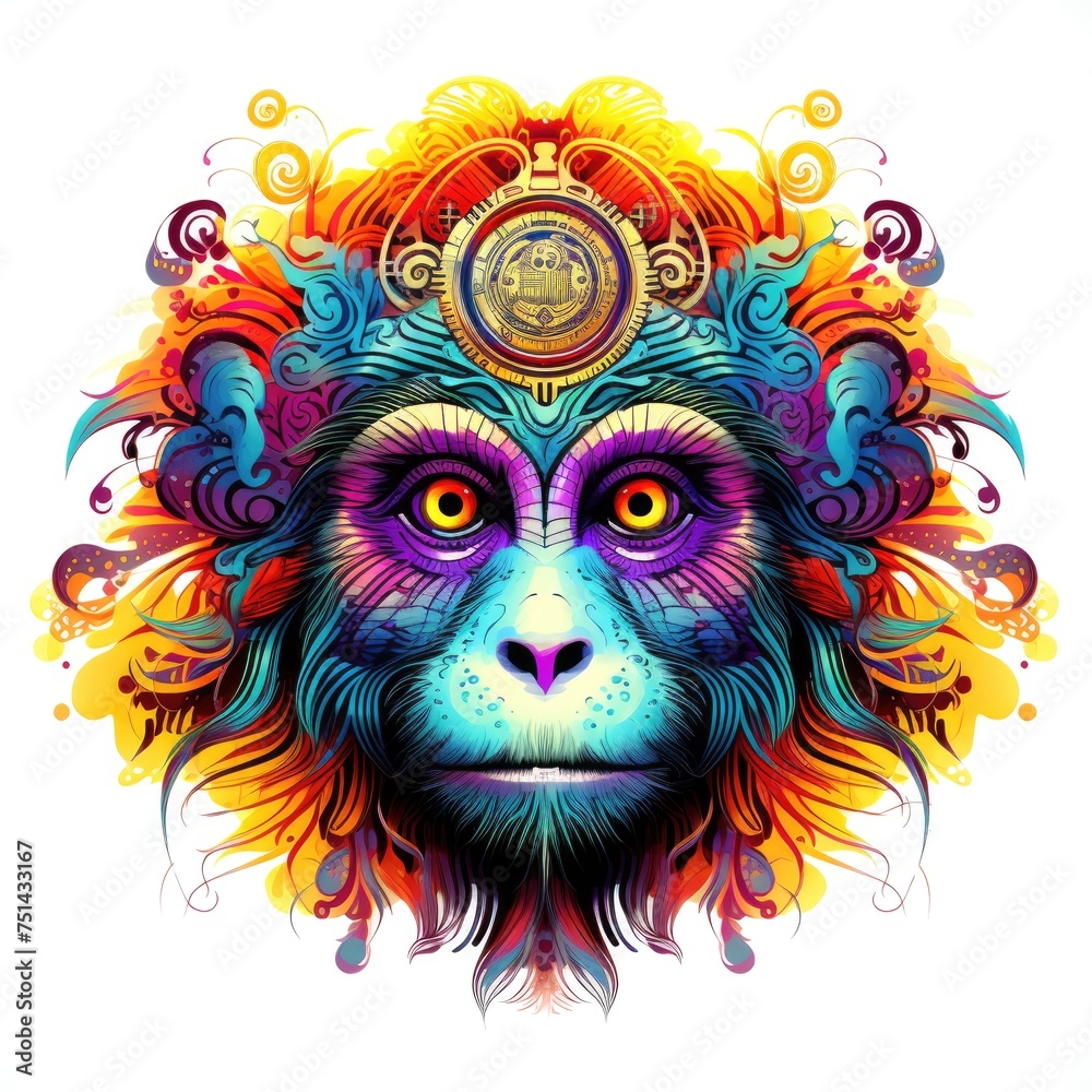 Colorful monkey mandala art on white background.