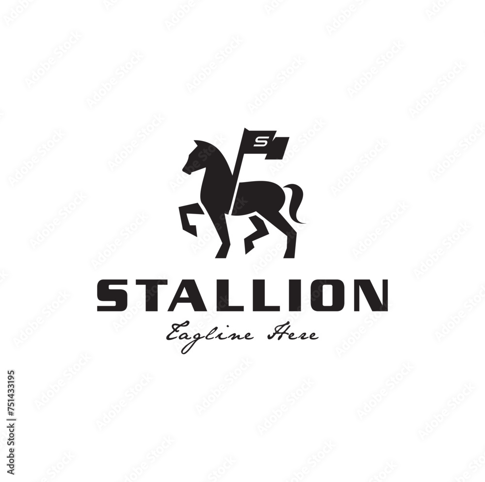 Black Horse Stallion With Flag Stable For Farm Ranch Logo Design Black Horse Stallion With Flag Stable For Farm Ranch Logo Design