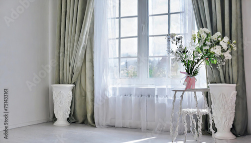 Bright interior  window with curtains  white window sill  room  home