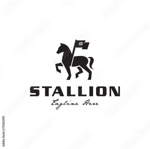 Black Horse Stallion With Flag Stable For Farm Ranch Logo Design