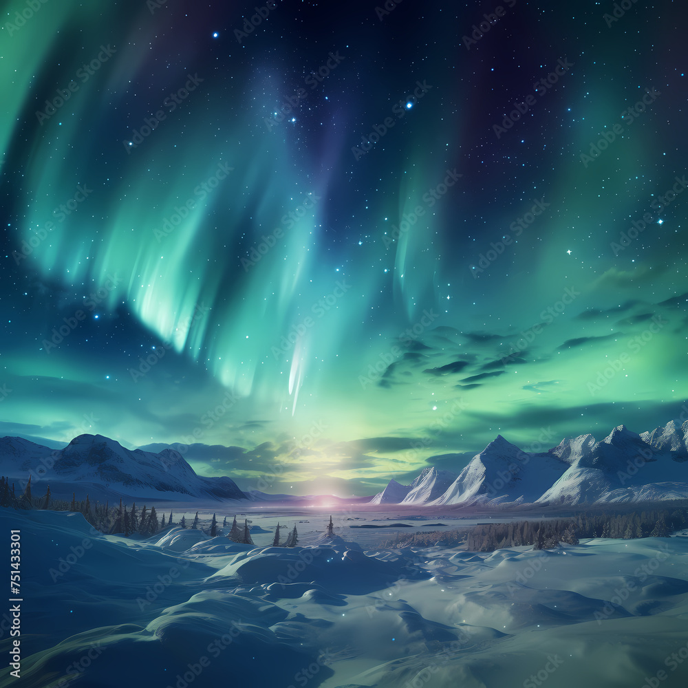 Spectacular view of the Northern Lights over a snowy region