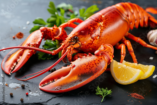 Freshly cooked lobster, crayfish on a dark background with greens and lemon