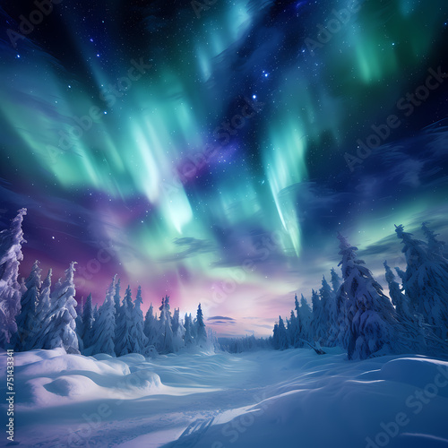 Spectacular view of the Northern Lights over a snowy region © Cao