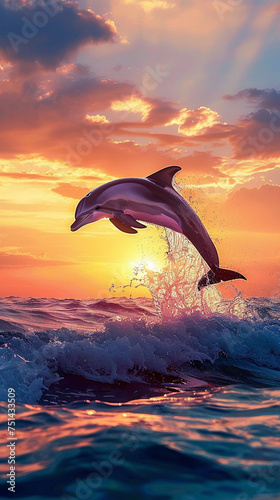 A majestic dolphin leaps from the water against a backdrop of a stunning sunset and glistening ocean waves. © Thanakorn