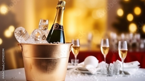 A Sparkling Wine Awaits in an Ice Bucket, Ready to Enhance the Festive Kitchen Atmosphere
