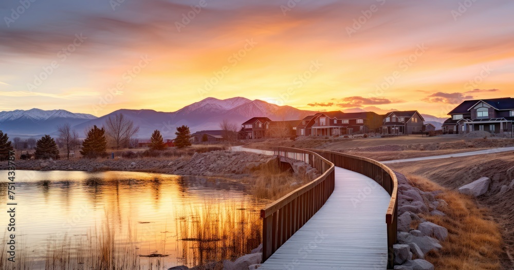 A Tranquil Sunset at City Lake with Homes and Mountains in View