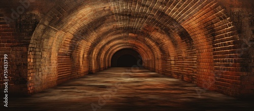 Brown brick tunnel with dark walls leading towards a light source at the end  creating a striking contrast in the image.