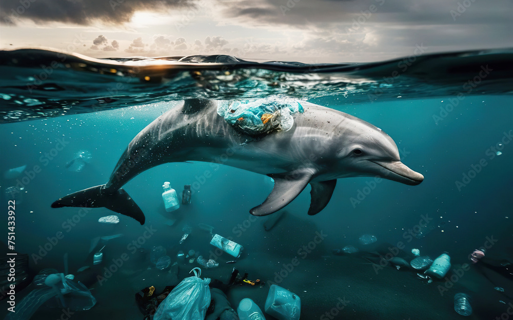 Dolphin swimming in the ocean littered with plastic bags and bottles ...