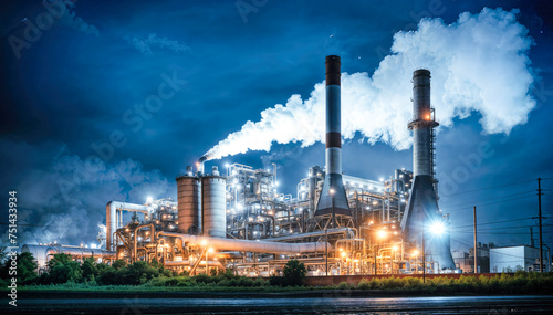 Industrial landscape with power plant at night. Energy generation and heavy industry.
