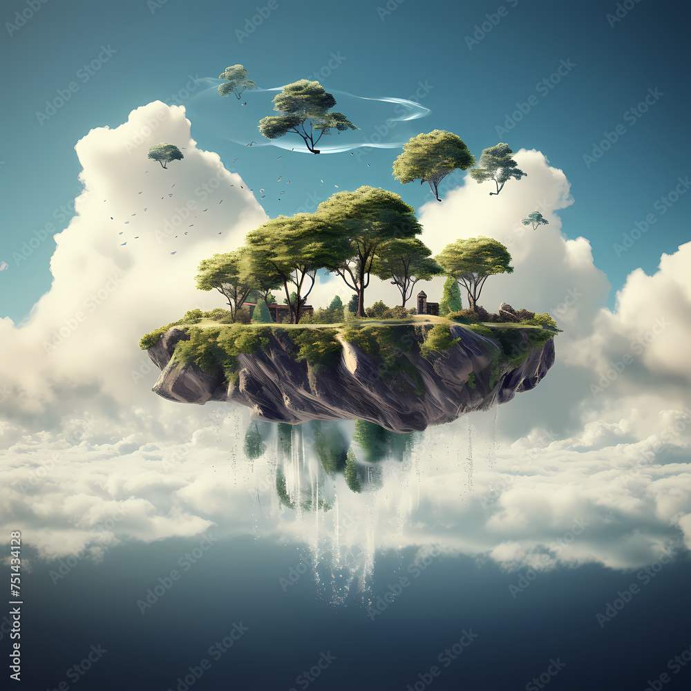 Surreal image of a floating island in the sky.