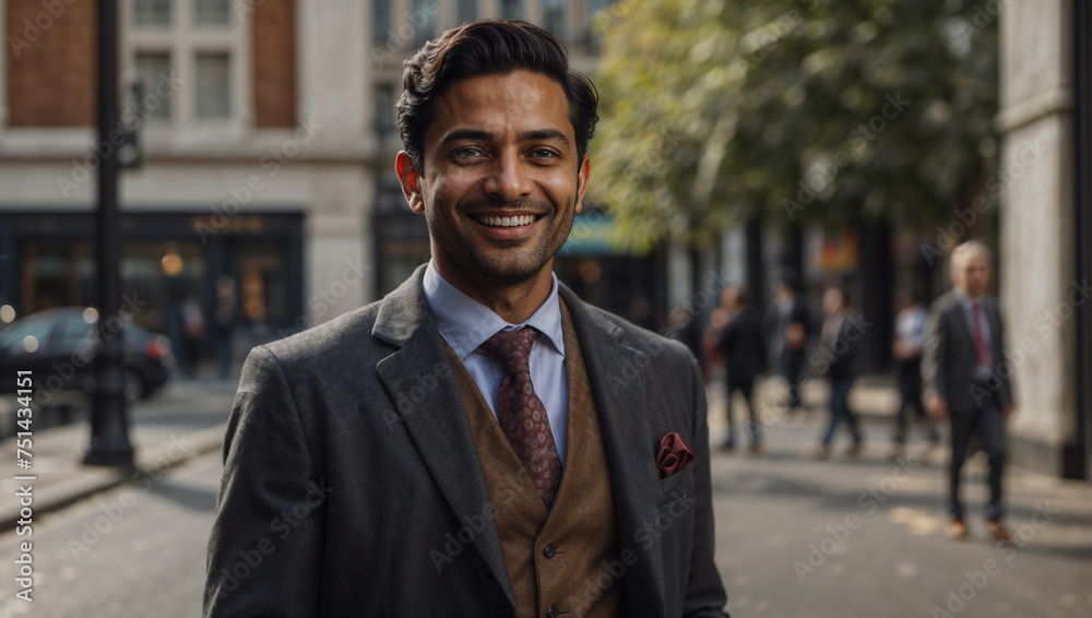 Elegante uomo d'affari di origini indiane che lavora nel distretto finanziario di Londra sorridente prima di iniziare la giornata di lavoro Elegante uomo d'affari di origini indiane che lavora nel distretto finanziario di Londra sorridente prima di iniziare la giornata di lavoro