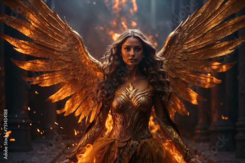 A fierce, fiery angel like woman figure with massive wings engulfed in blazing flames, radiating strength, determination and a sense of divine fury. A female power rebirth like phoenix concept.