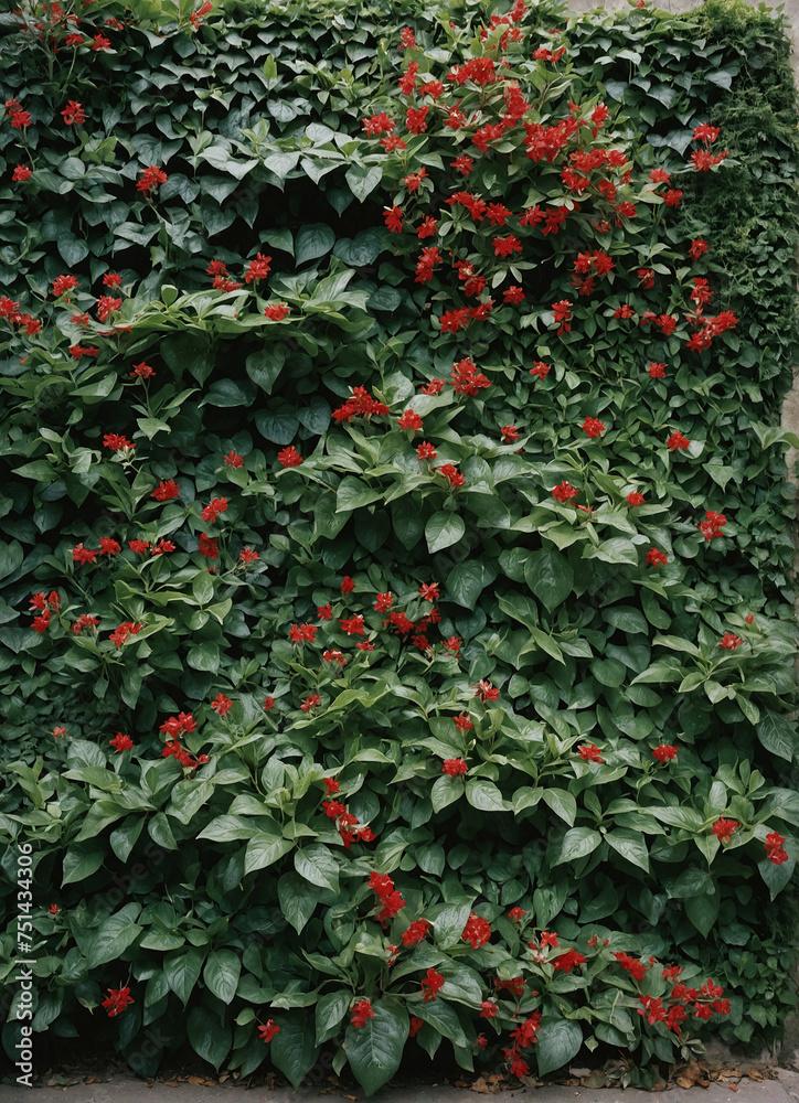 wall covered in large green leaves with tiny red flowers