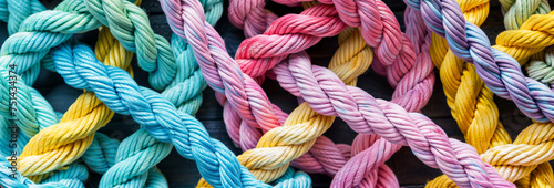 Colorful ropes intertwined together, representing teamwork communication and partnership, as well as strength and diversity, cords connected, team background hd