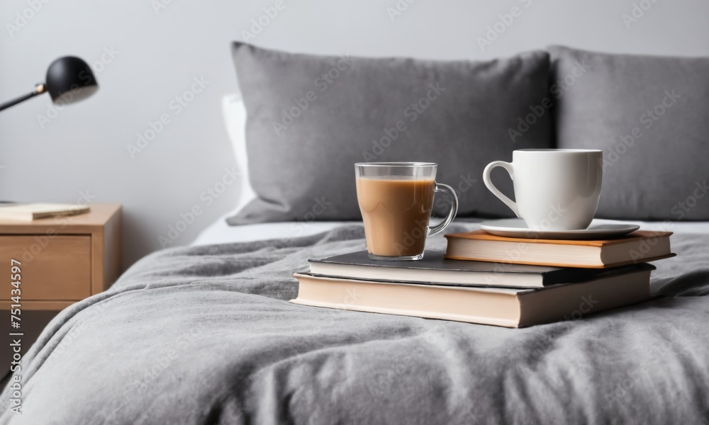 Beige sweater, tea or coffee mug, book, and glasses on gray bed