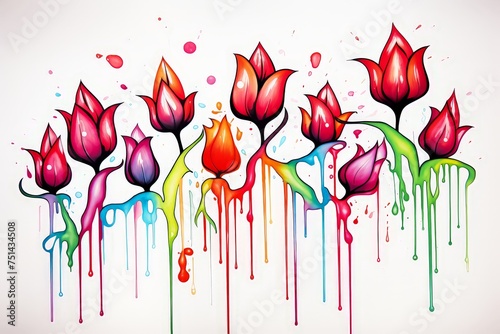 Malevolent tulips dripping with blood Medium shot High angle retrofuturism rainbow sparks caricature