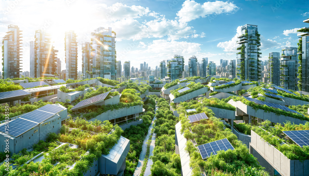 Aerial view of modern city with solar panels and blue sky.