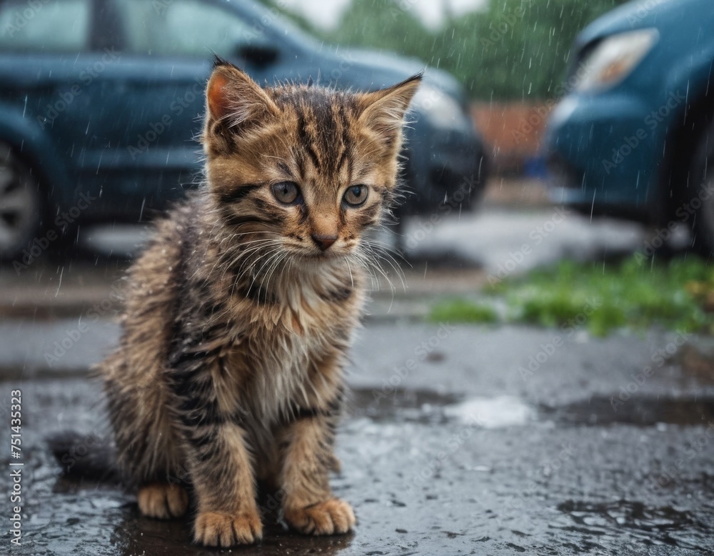 A cat is sitting on a street under the rain A cat is sitting on a street under the rain