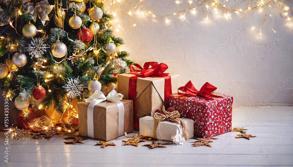 christmas and new year background - gift boxes and stars near decorated christmas tree and copy space over white wall with lights