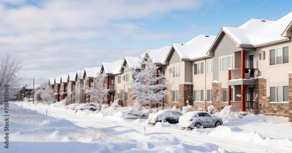 The Quiet Charm of Snowy Apartment Buildings and Townhouses in Winter