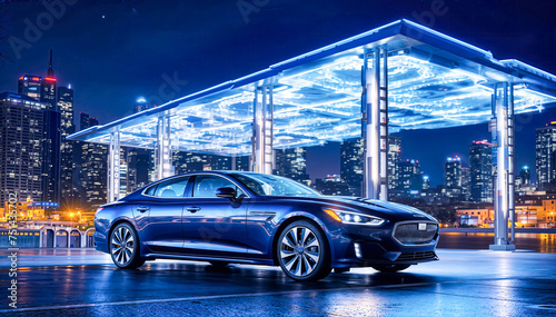 A sleek blue sedan parked at a charging station at night with a futuristic cityscape in the background