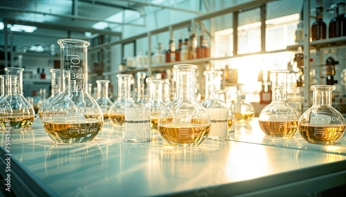 A variety of laboratory glassware is arranged on a lab bench with a large window in the background © Graphic Dude