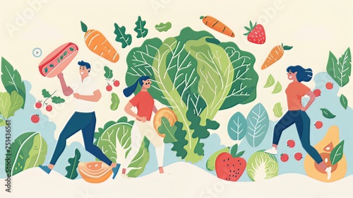 Healthy Lifestyle Illustration: An illustration emphasizing the principles of healthy eating, regular exercise, and mental well-being, highlighting the importance of a healthy lifestyle 