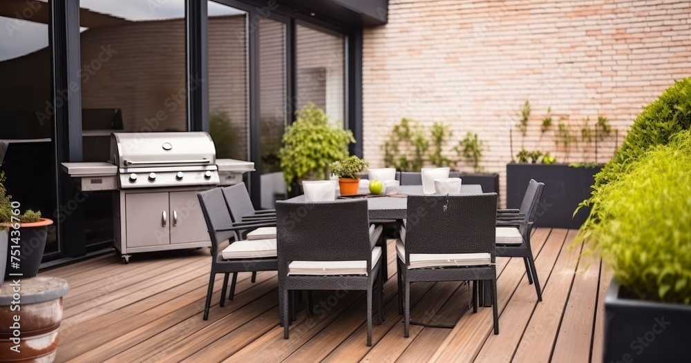 Obraz premium Leisure in the Sun - A Cozy Terrace Outfitted with Bright Furniture, a Grill, and Flourishing Plants