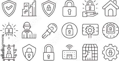 Various types of security include guards, cyber security, passwords, smart homes, safety, data protection, keys, shields, locks, unlock, and eye access. Vector illustration (19)