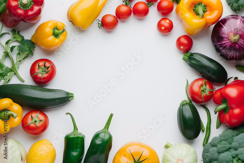 Frame with fresh vegetables on white background. Organic raw salad ingredients. Flat lay, copyspace, top view