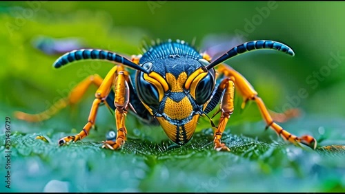 Detailed close-up of the striking membrane-winged wasp in macrophotography