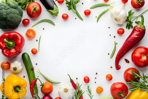 Frame with fresh vegetables on white background. Organic raw salad ingredients. Flat lay, copyspace, top view