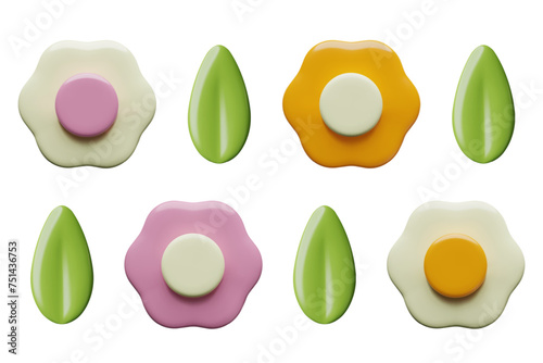3D flowers and leaf vector elements. Minimal daisy spring and summer stickers in trendy plastic three dimensional render style isolated on withe background. 