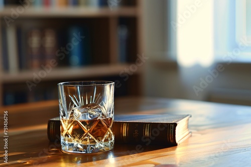 a glass of whiskey next to a book