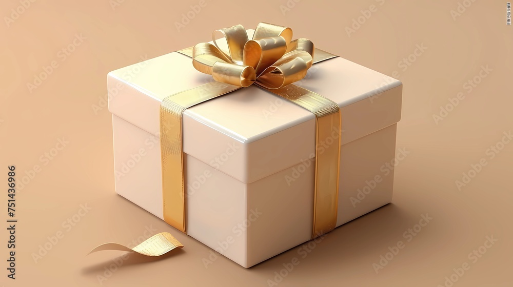 3d render of gift box with gold bow on beige background, Generative AI illustrations. 3d render of gift box with gold bow on beige background, Generative AI illustrations.