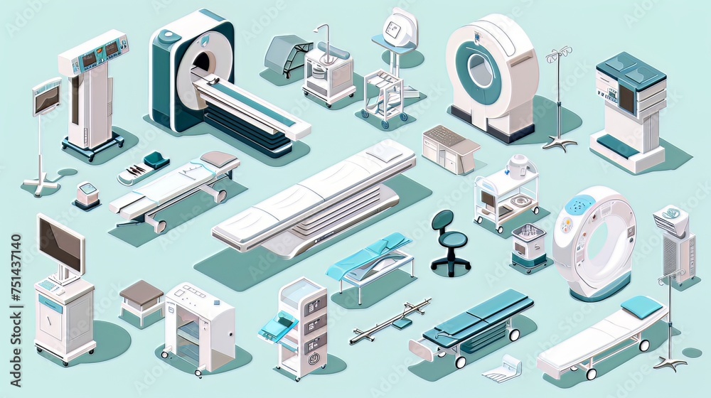 Medical Equipment Inventory: An illustration showcasing an inventory of medical equipment, introducing various tools used in healthcare services, from MRI machines to patient beds Medical Equipment Inventory: An illustration showcasing an inventory of medical equipment, introducing various tools used in healthcare services, from MRI machines to patient beds