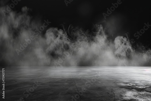 A black and white photo of a foggy, smokey scene with a lot of steam