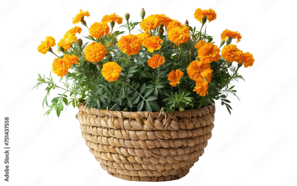 Scalloped rattan pot with marigold isolated on transparent Background
