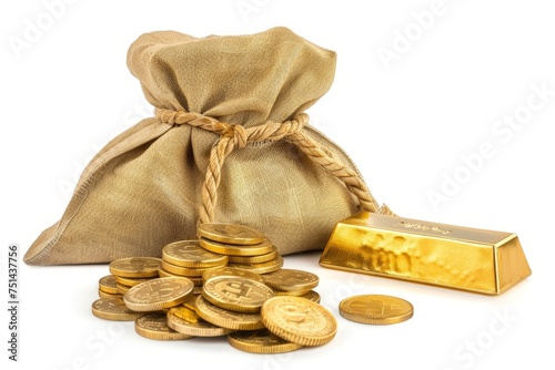 A bag of gold coins and a gold bar are displayed on a white background