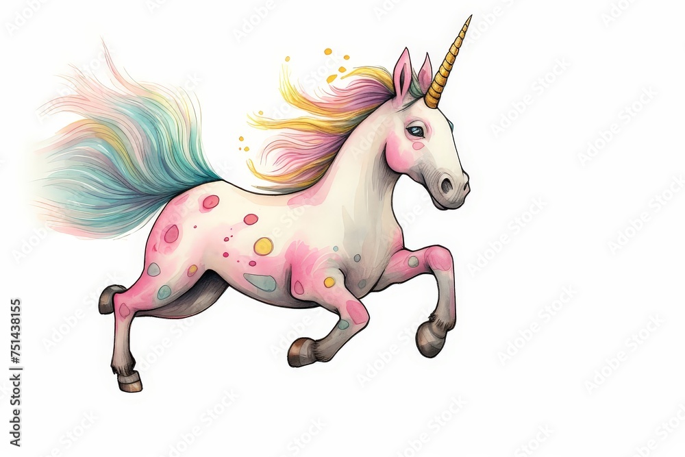 Unicorn frolicking in a wide shot from a high angle children book watercolor clipart Unicorn frolicking in a wide shot from a high angle children book watercolor clipart