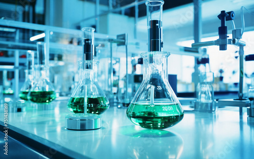 a row of flasks filled with green liquid on a table in a laboratory setting with other flasks, generative ai